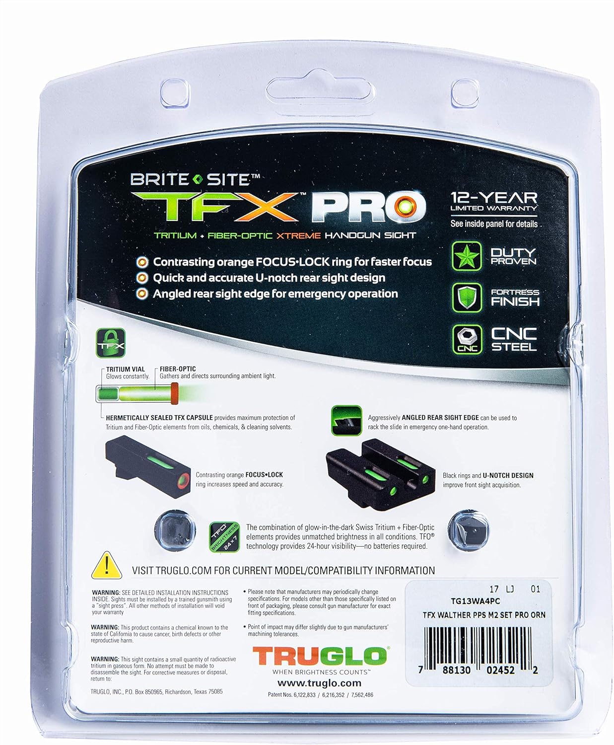 Truglo TFX PRO Handgun Sight, Glowing Shock Proof Tritium and Fiber Optic Night Sight for Handguns, Compact, Durable, and Snag Free Sight