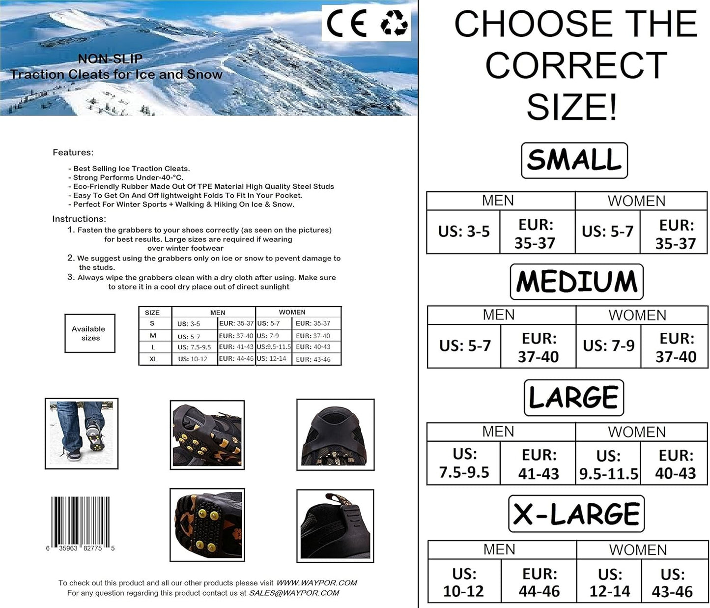 Ice Grips, Traction Cleats, Ice Cleat, Easy Slip On, Outdoor Durable, 10 Steel Studs, Stretchable, Prevent Slipping from Ice/Snow, Extra Studs Included in Each Package.