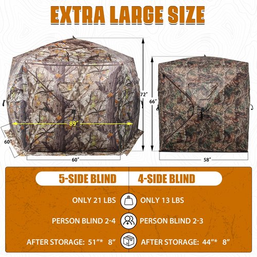 ShedOFF Extra Large Hunting Blind 4 Person with Portable Hunting Chair, 288 Degree See Through Pop up Ground Blinds for Deer Turkey Duck Hunting, Bow Hunting Adjust Windows with Silent Zipper
