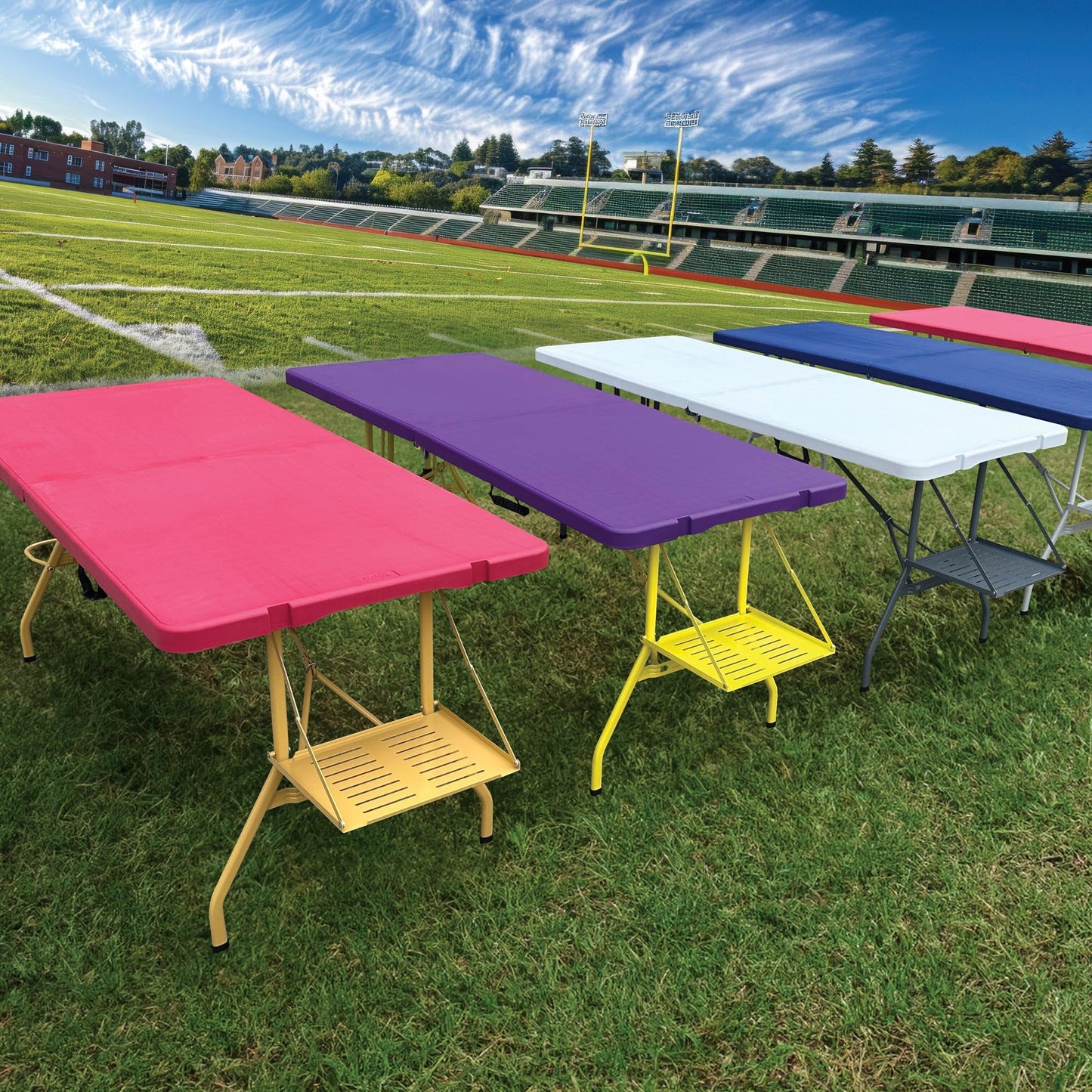 6Ft Rolling Folding Table with Built-in Wheels, Durable Plastic, Team Colors, Easy to Carry, Perfect for Camping, Picnic, Tailgating, Party, Indoor/Outdoor Use (Single Table, Purple/Yellow)
