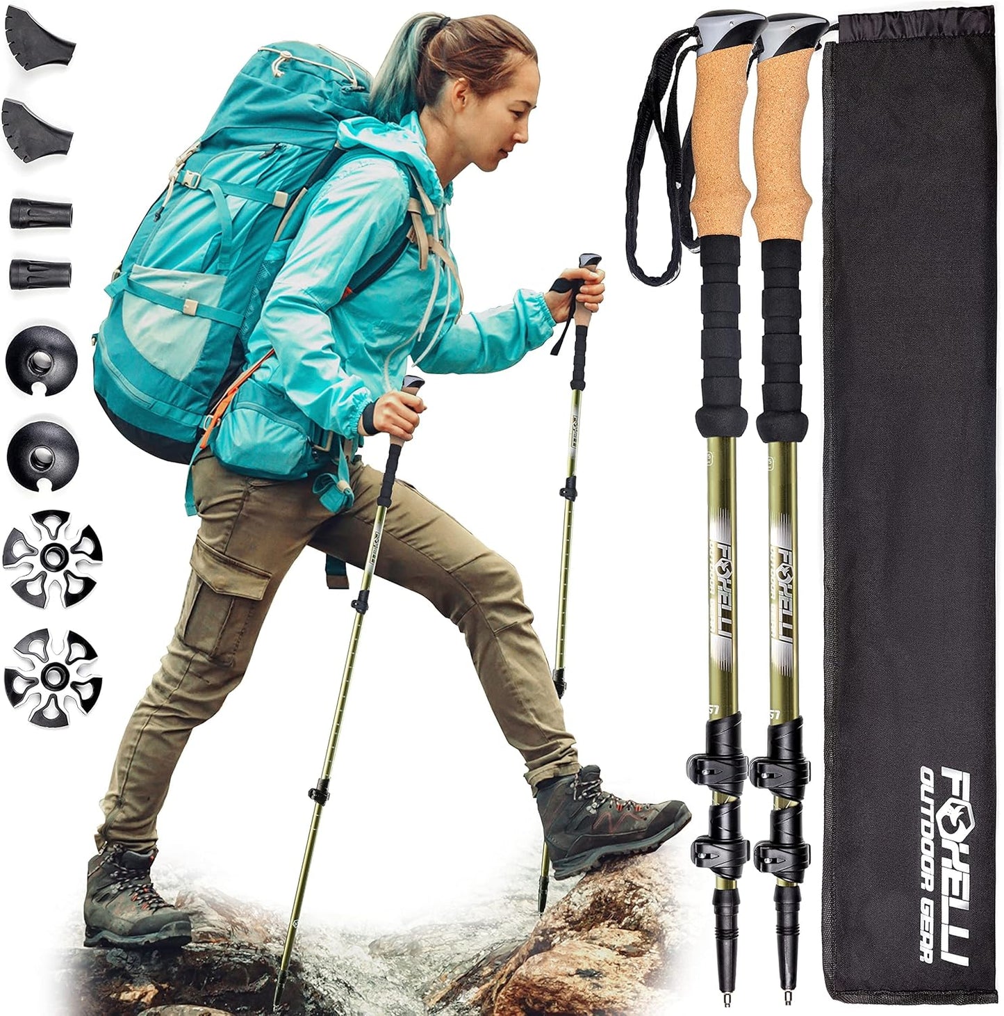Foxelli Carbon Fiber Trekking Poles – Lightweight Collapsible Hiking Poles with Cork Grips, Lever Locks & All Terrain Accessories