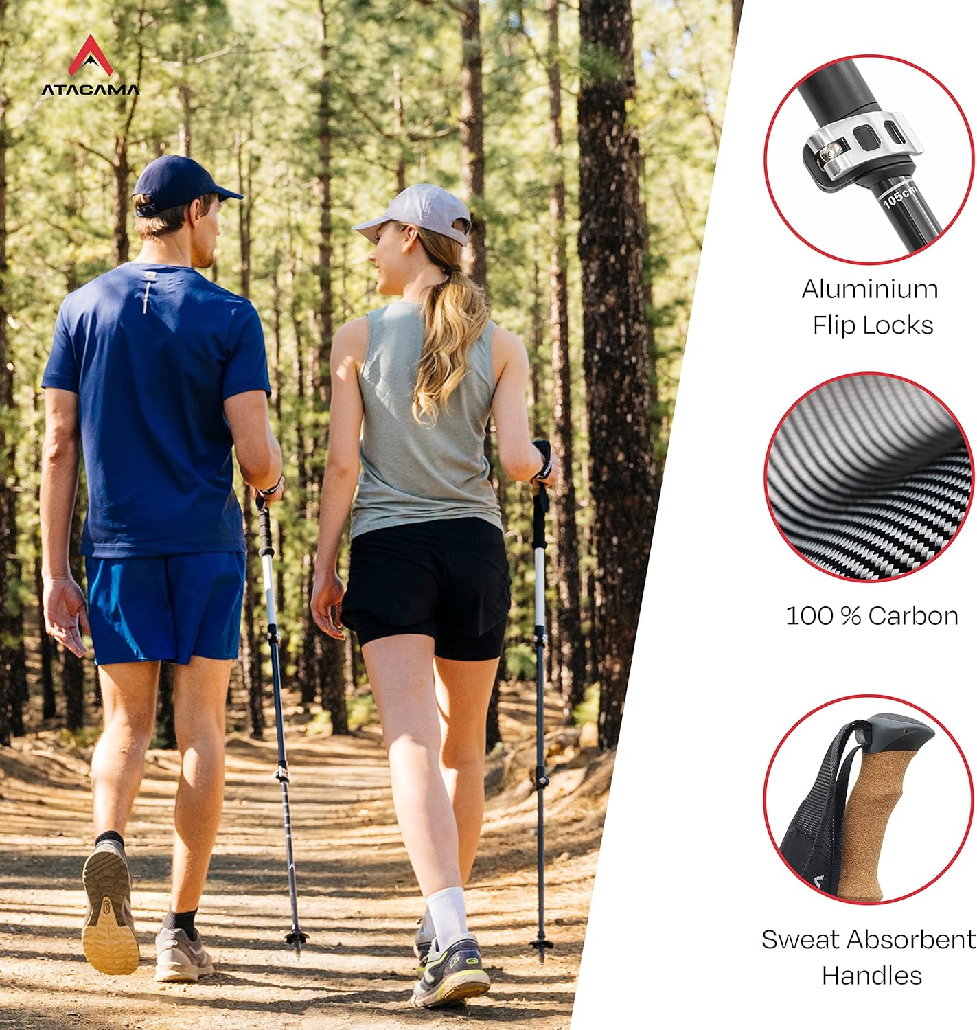 ATACAMA Lightweight Foldable Carbon and Aluminum 7075 Collapsible Hiking Sticks with Cork Handle - Hiking Poles Telescopic Trekking Poles Folding Walking Sticks For Hiking Accessories Nordic Walking Poles