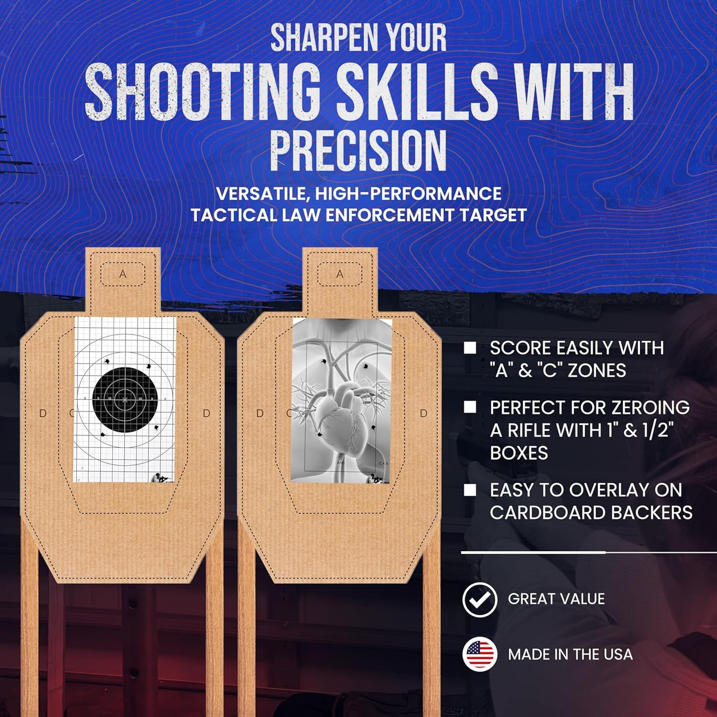 Precision Tactical Law Enforcement Shooting Target - Dual-Sided Paper Target for Rifle Zeroing & Competitive Shooting - Easy Scoring A & C Zones - Compact, Travel-Friendly, Fits in Range Bag