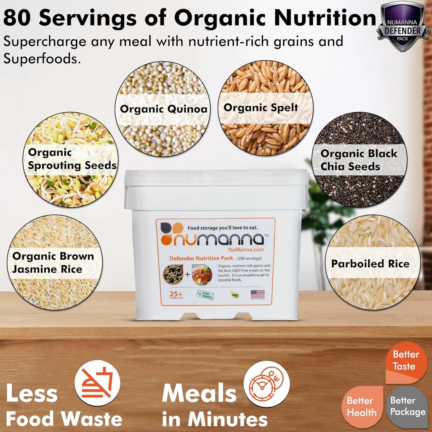 Numanna Defender Nutritive Pack Bucket 204 Servings | 1-Month Emergency Food Supply | GMO-Free, Non-Perishable Meals with Organic Grains & Superfoods | Easy to Prepare | Camping & Daily Use Pack of 1