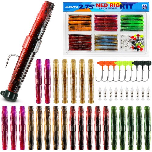 PLUSINNO Ned Worms Bass Fishing Lure Kit, 44PCS Ned Rig Worms Kit with Ring Beads, Soft Plastic Fishing Baits with Ned Rig Jig Heads, Widely for Panfish, Perch, Trout, Pike, Fishing Gifts for Men