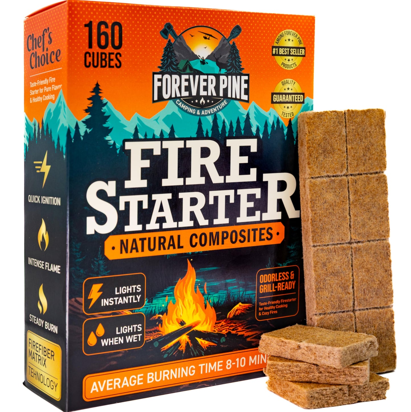 Fire Starter Cubes, 160 pcs - Easy BBQ Ignition - Natural, Waterproof & Odorless Firestarter Squares for Campfire, Charcoal Grill, Outdoor Fire Pit, Wood Stove, Fireplace, Logs - Camping Essentials