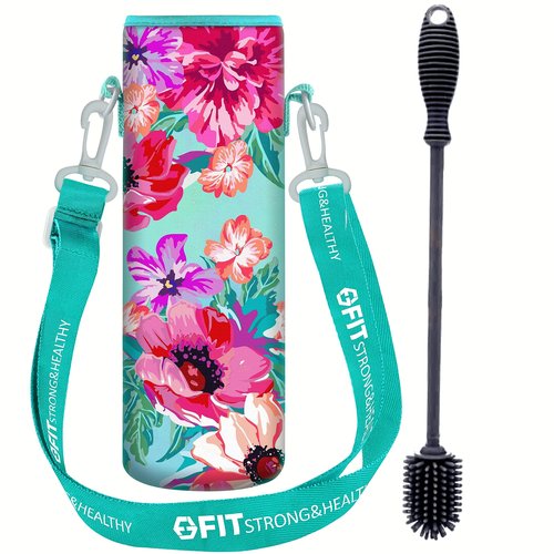 Water Bottle Holder with Strap for Walking & Cleaning Brush Set - Insulated Water Bottle Carrier with Strap, Neoprene Sleeve with Adjustable Shoulder Strap & Silicone Water Bottle Brush (Floral)