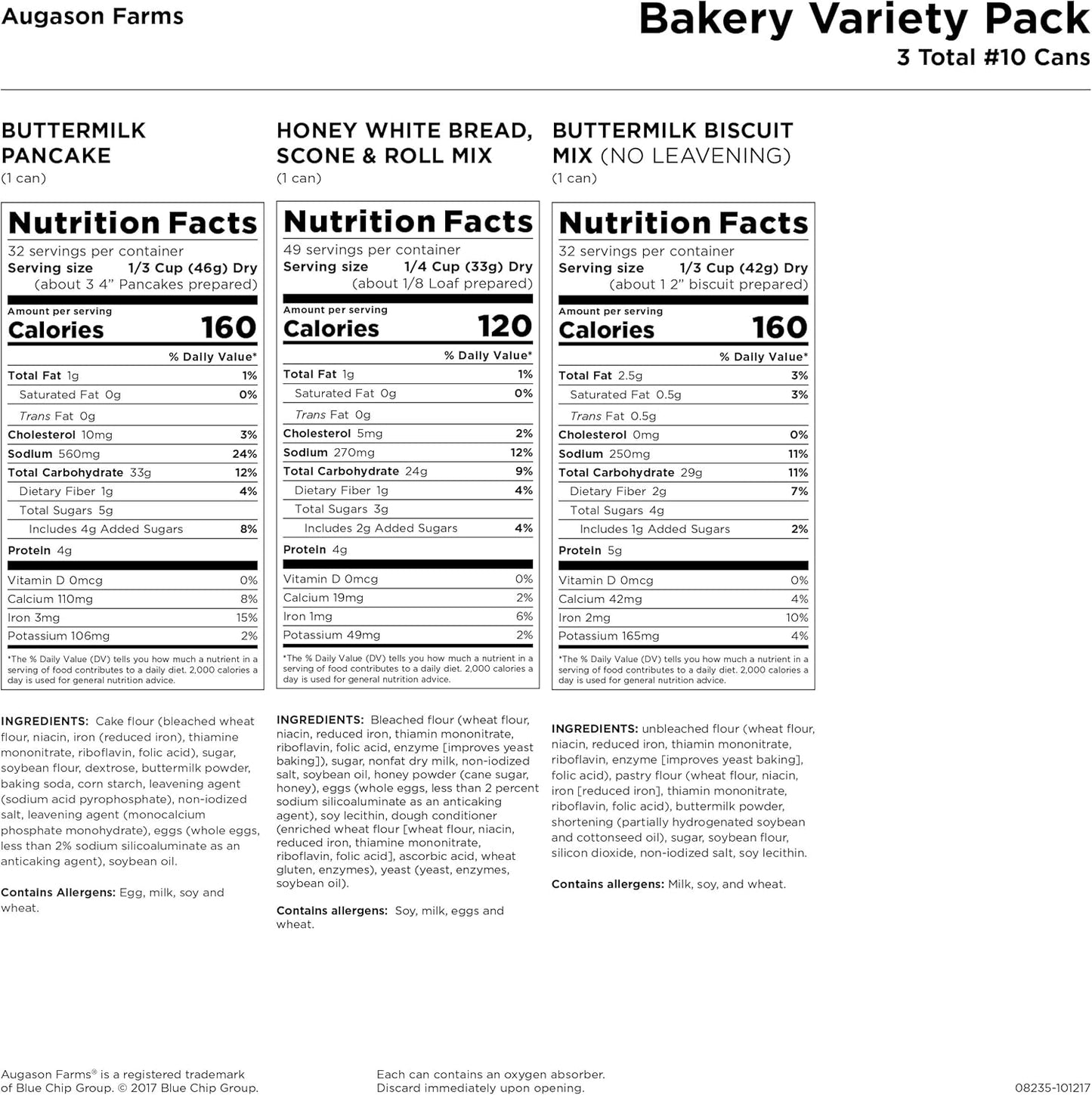 Augason Farms 3-Pack Bakery Food Storage Kit - No. 10 Cans for Long-Term Freshness