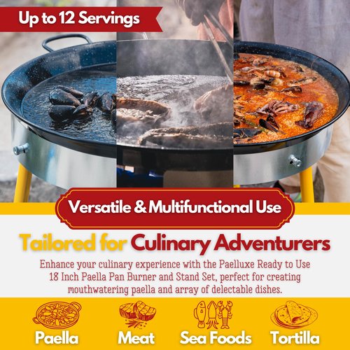 Paelluxe Paella Burner and Stand Set 12 Servings, 18 Inch Paella Pan, Dual Propane Outdoor Stove with Stand & Regulator, Portable Gas Cooker for Camping Crawfish Boil Cooking Outdoor, Paellera Propano