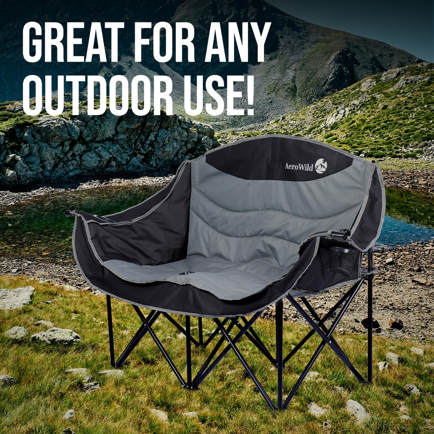 AeroWild Double Folding Chair – Portable Loveseat for 2 Adults with 600 lbs Support – Water & UV Resistant Folding Outdoor Chair for Beach, Picnic, Camping