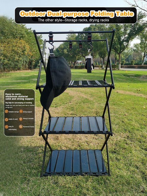 Portable Collapsible Table 3Tier Storage Racks Dual Purpose Folding Lightweight Aluminum Roll Up Large 3ft for Indoor Outdoor Picnic Backyard Camp Kitchen
