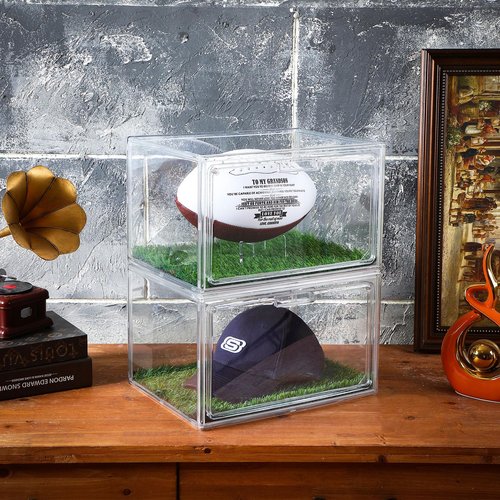 Suzile 2 Sets Acrylic Football Display Case Clear Football Storage Box with Magnetic Door Football Showcase with Artificial Grass Pad and Removable Display Stand Football Holder for Sport Lover