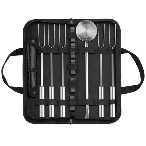 Gibot Marshmallow Roasting Sticks for Fire Pit, 5 Dishwasher Safe Stainless Steel Extendable Smores Sticks with Rests Pellet Scoop Grill mat, Camping Essentials，Stove Accessory Pack