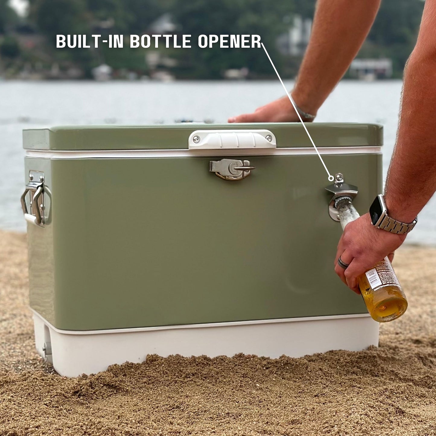 FSE Retro Metal Cooler, 80 Can/54 Qt. Capacity, Hard-Sided, Two Tone, Holds Up to 80 Beverage Cans, Metal Construction with Plastic Lining, Green/Cream