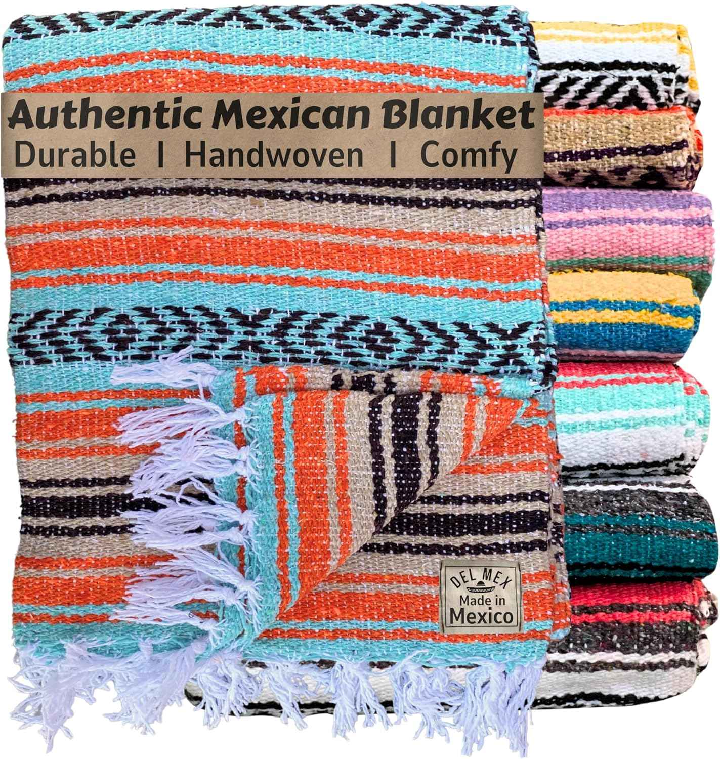 Authentic Del Mex Large Mexican Blanket - Woven Falsa Throw (70"x50") for Beach, Yoga & Outdoor Decor - Pink/Tan