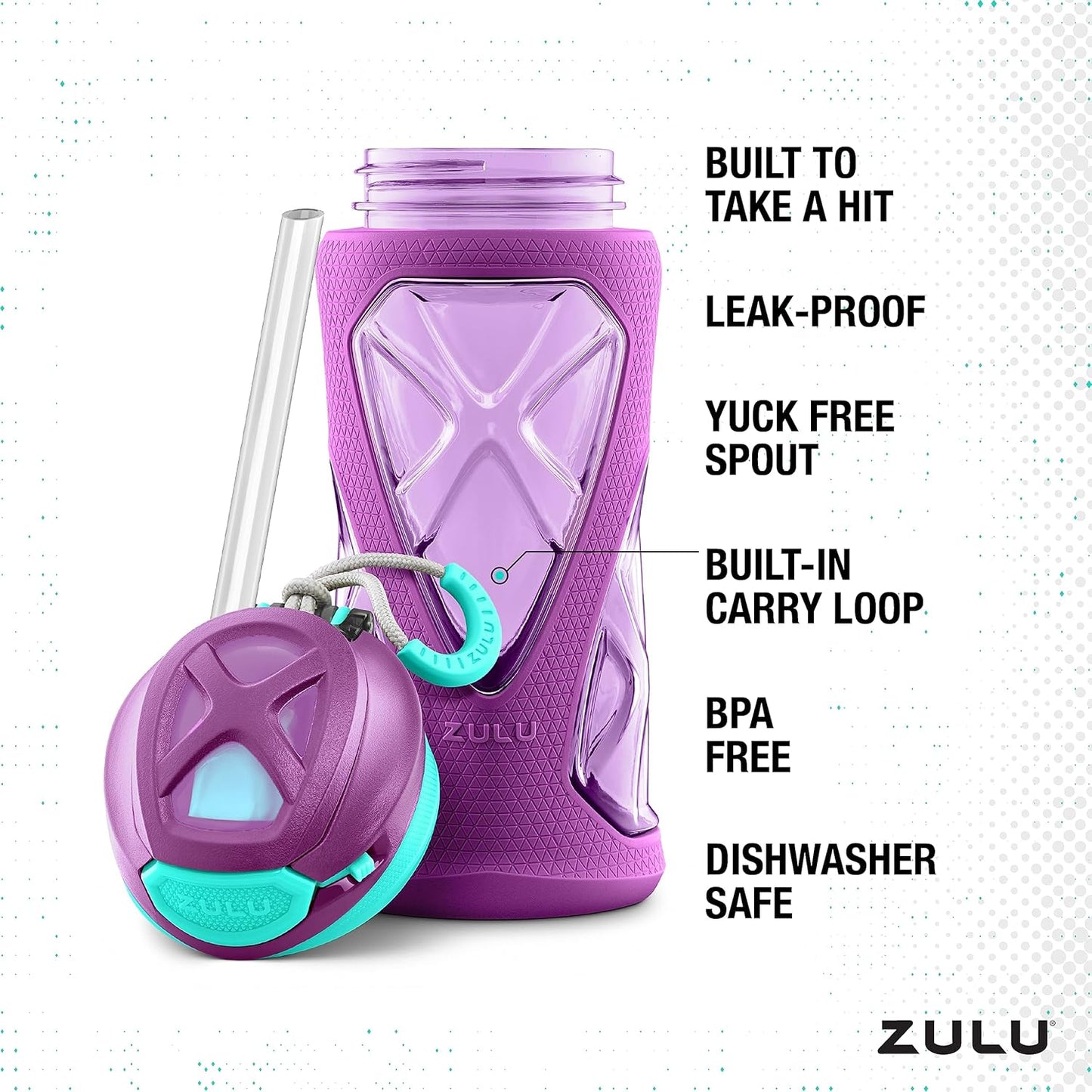 ZULU Torque 16oz Plastic Kids Water Bottle with Silicone Sleeve and Leak-Proof Locking Flip Lid