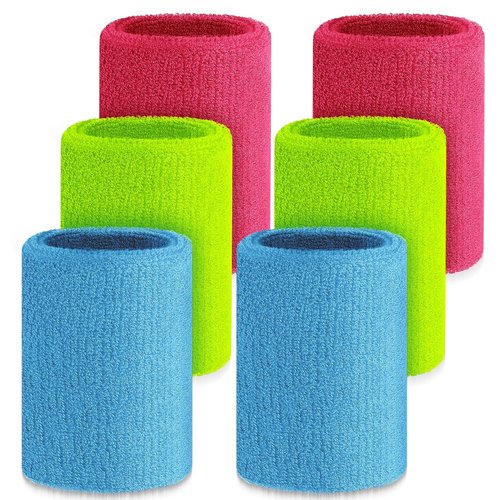 Wettarn 6 Pcs 4 Inch Cotton Sport Wristbands - Tennis, Basketball - Neon Pink, Neon Green, Sky Blue - For Grips, Gymnastics, Workout - Unisex, Athletes, Fitness Enthusiasts