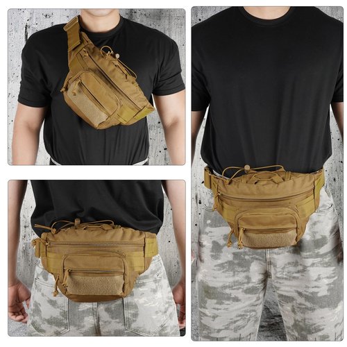 SIVIGEAR Tactical Fanny Pack for Men,Molle Waist Bag with Patch Utility Hip Belt Bumbag for Outdoor Hiking, Mountain Climbing Coyote Brown