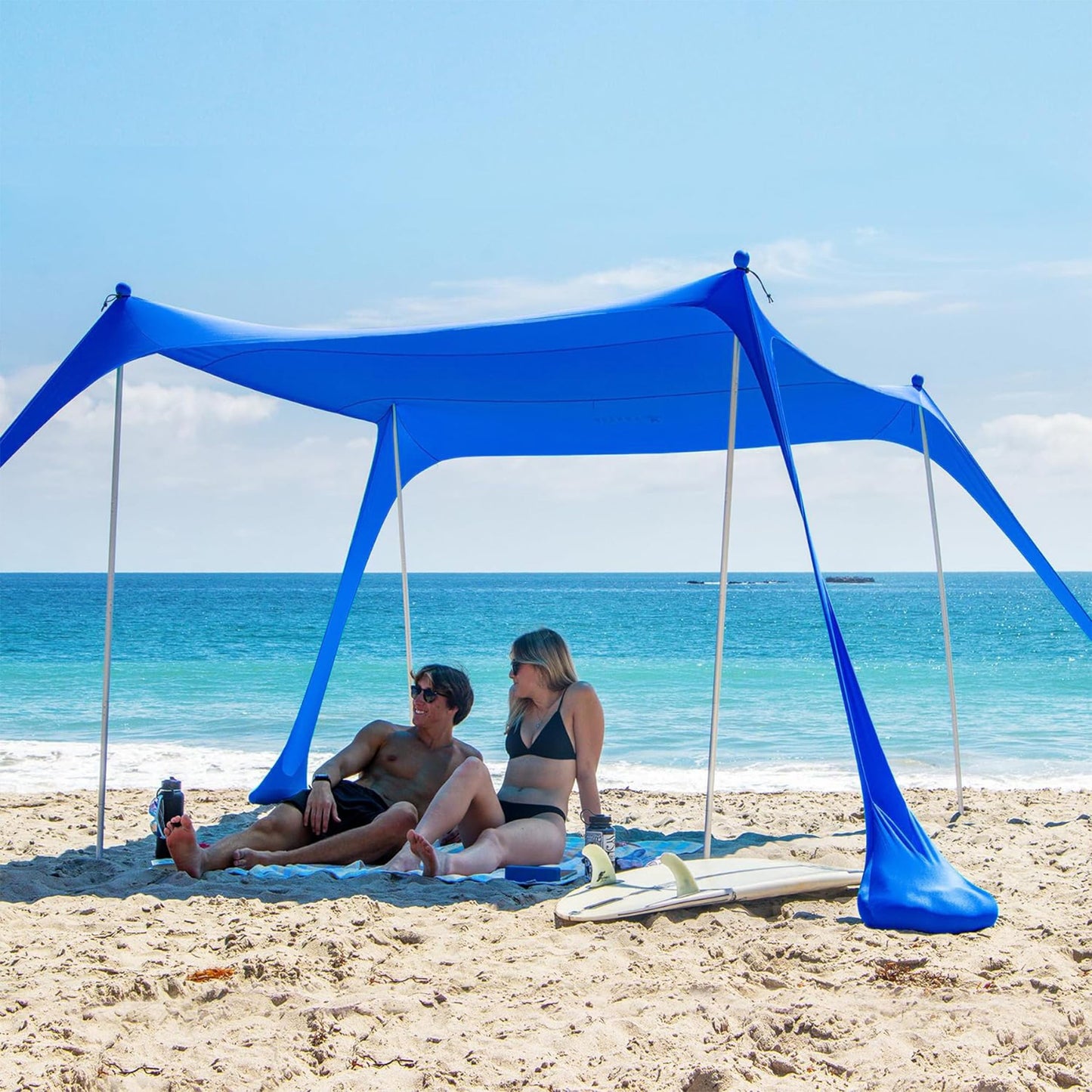 AMMSUN Beach Tent Portable Sun Shelter,9X 9ft Beach Canopy Easy Setup, 9'X9'Lycra Sun Shelter UPF50+ Protection 4 Sand Bags 4 Aluminum Poles with Sand Shovel for Family Beach Camping Outdoor Navy Blue