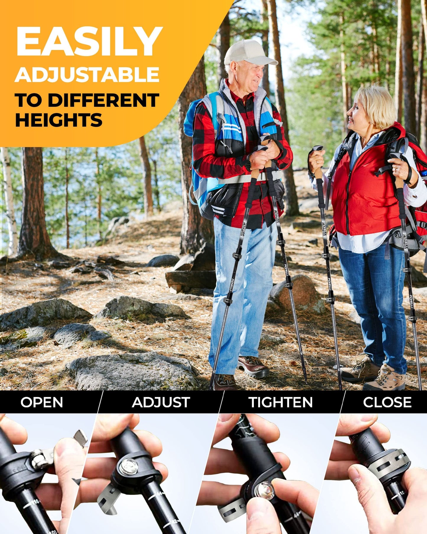 Foxelli Hiking Poles Bundle (2 Pairs) – Grey & Black Collapsible Lightweight Aircraft-Grade Aluminum Trekking Poles with Accessories