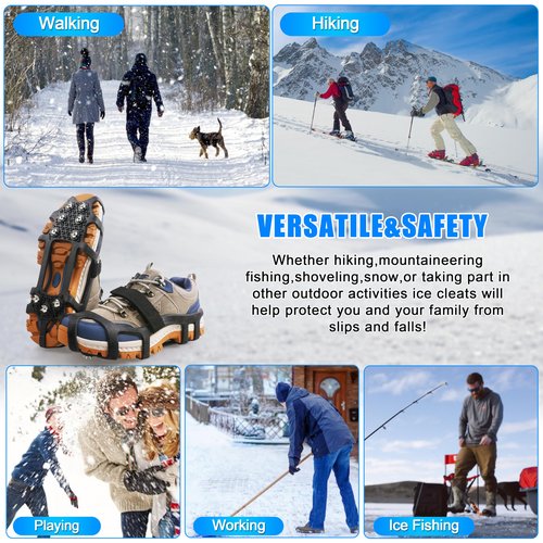 Ice Cleats for Shoes and Boots Snow Traction Cleats Crampons for Walking on Snow and Ice 9 Studs Non-Slip Overshoe Rubber Anti Slip Crampons Slip-on Stretch Footwear Winter Hiking Climbing Ice Fishing