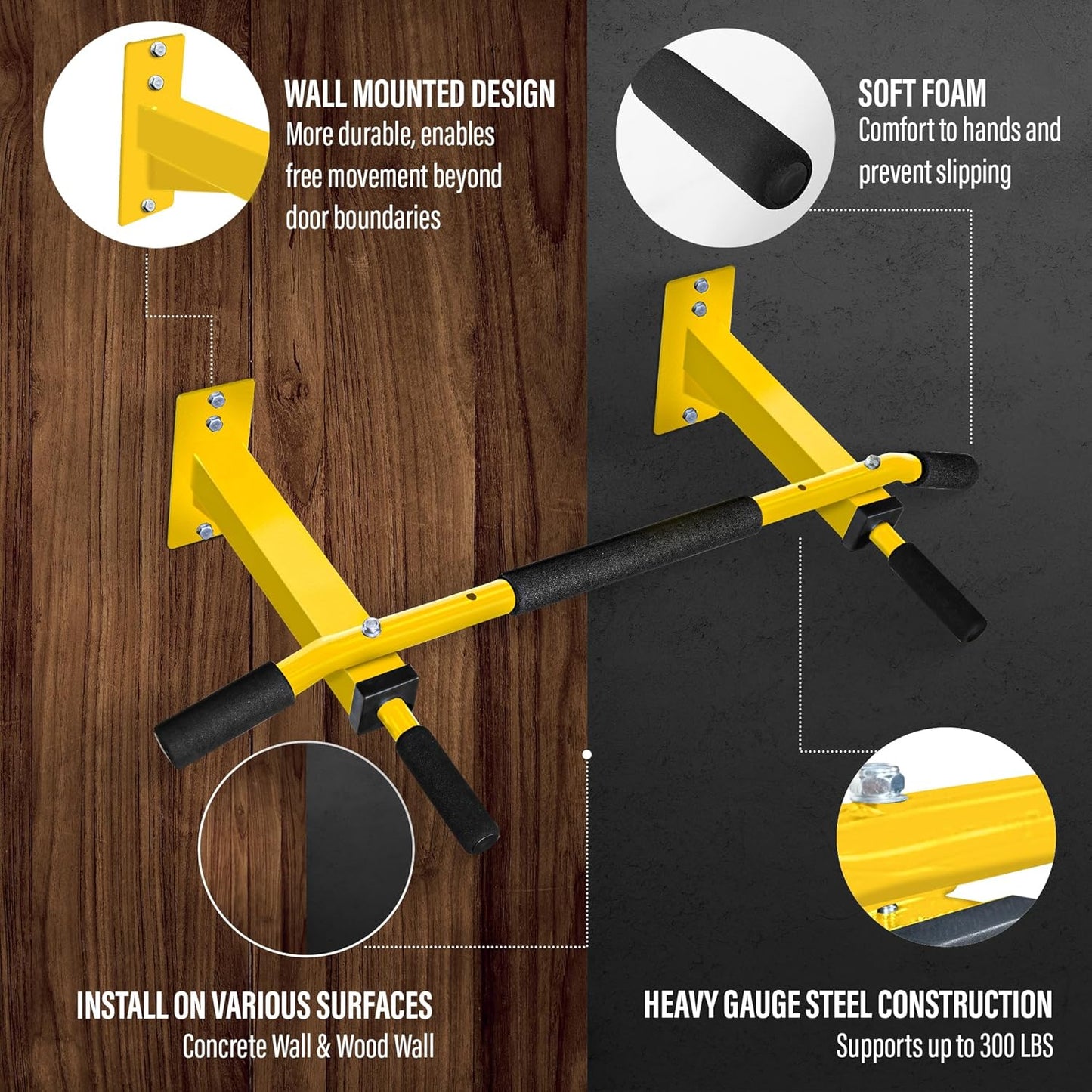 Yes4All Pull Up Bar Wall Mounted - Multifunctional Wall Mounted Pull Up Bar for Home Gym Workout Strength Training Equipment