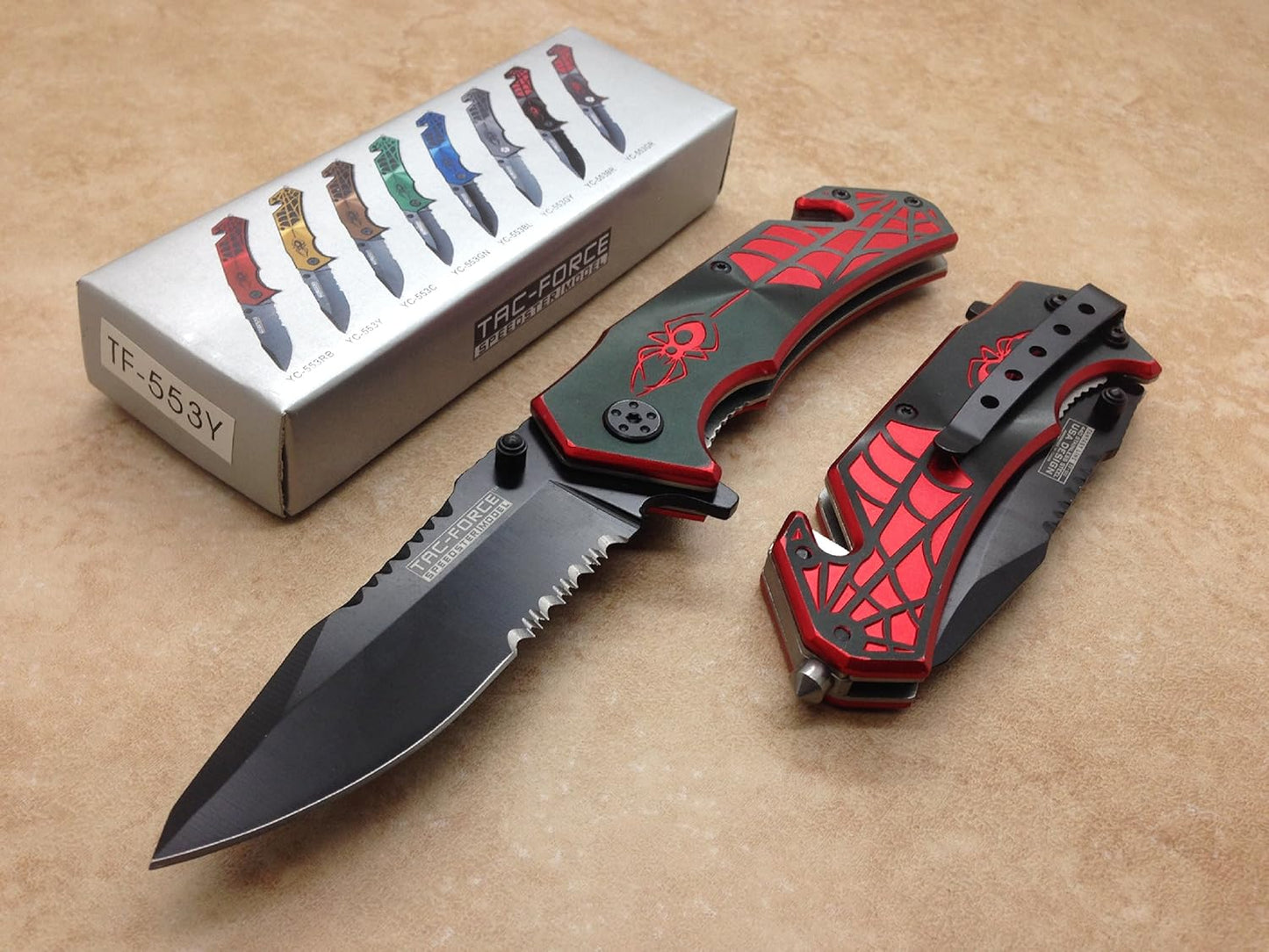 TAC Force Assisted Opening Spider WEB Design Handle Rescue Tactical Black Stainless Steel Blade for Hunting Camping Outdoor - Black/red
