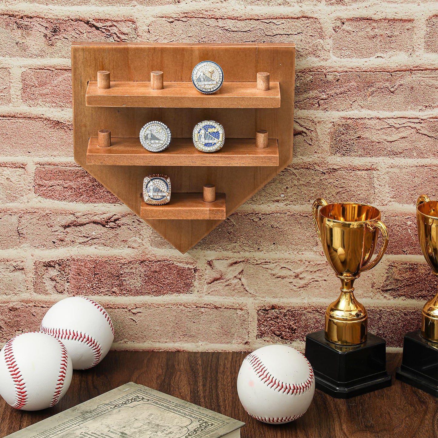 Foilswirl Championship Ring Display Case - 10 Posts Sports Holder Stand 8.6 x 8.5 In Wall Mount Storage Organizer - Gift for Baseball Basketball Football Softball Men Award