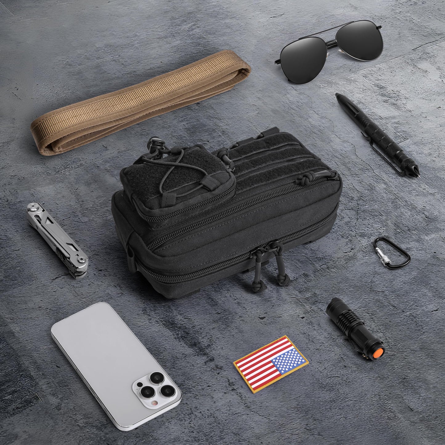 JIPIMON Tactical Molle Pouch, Water-Resistant Admin Pouch with US Flag Patch, Utility Molle Pouches for Tactical Vest Backpack (Black)