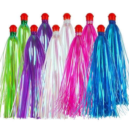 OROOTL 10pcs/Pack Mylar Flash Teaser Tail Bucktail Teasers Weighted Jig Head Fishing Lures Mylar Fishing Skirt Hair Bait Jigs 3/8oz Bullet Sinkers Head with Bucktail Teaser