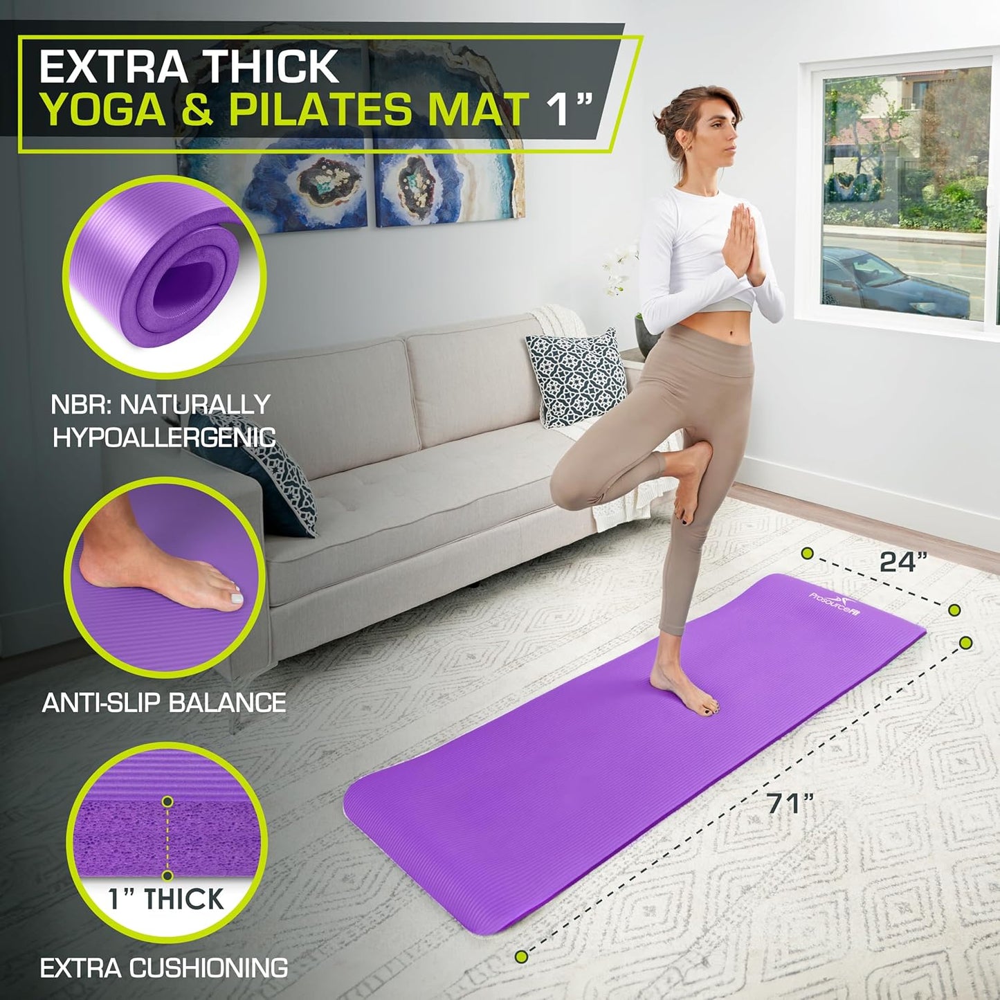 Extra Thick ½” Yoga & Pilates Mat - 71” High Density Foam with Carry Strap