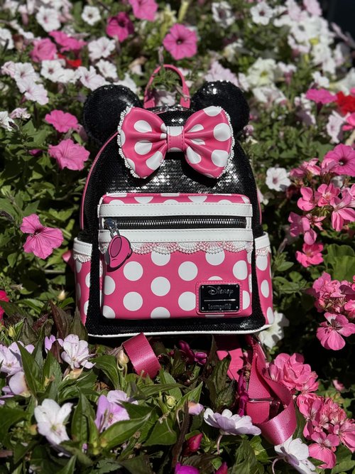 Loungefly Minnie Mouse Sequin Mini Backpack, Polka Dots, Cosplay, 8.5 x 11 x 4.5 inches, Faux Leather, Black