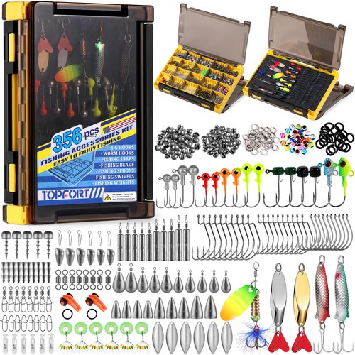 TOPFORT 356PCS Abundant Fishing Accessories Kit with Double-Side Fishing Tackle Box, Fish Gear and Equipment Include Fishing Hooks Jig Head Fishing Weights Sinkers for Trout Bass Crappie
