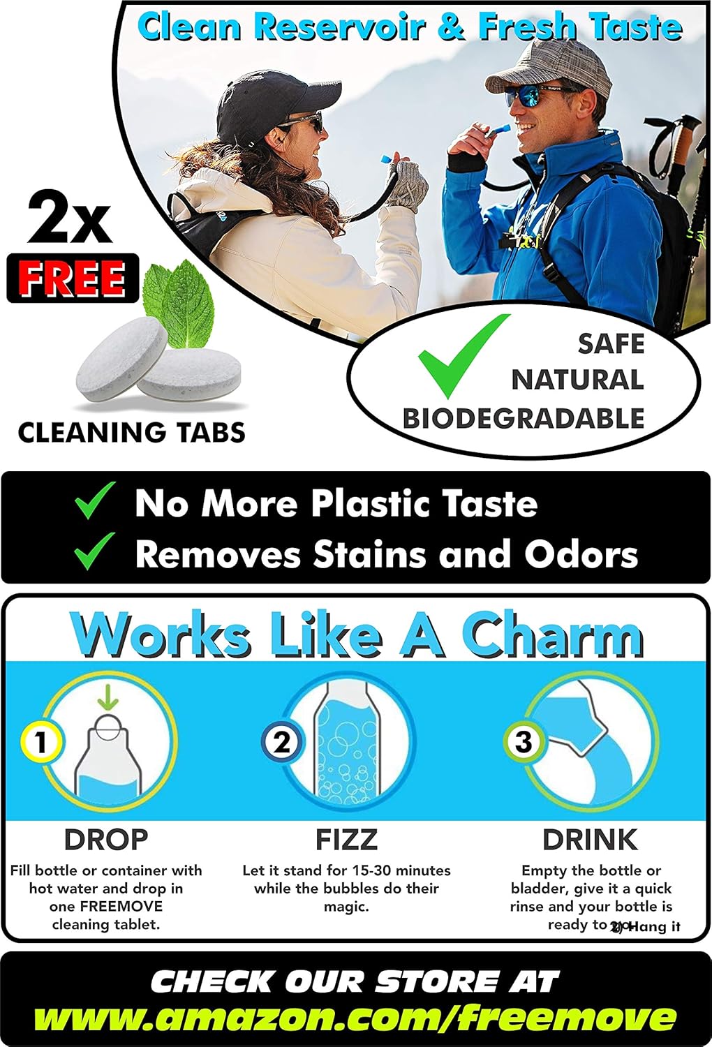 FREEMOVE Hydration Bladder 2L / 3L Water Bladder for Hiking Backpack &gt;Blue or Green&lt; Leak Proof Hydration Pack, Tasteless & BPA Free, TPU Water Reservoir, Quick Release Insulated Tube & Shutoff Valve