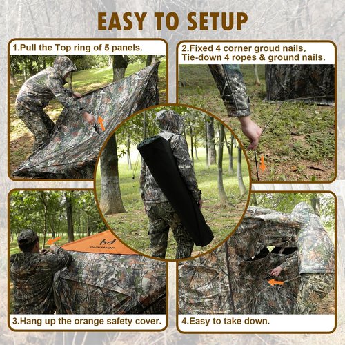 Hunthor Hunting Blind for 2-3 Person, 360 Degree See-Through Ground Blind with Silent Zipper and Orange Top, Portable Pop-Up Tent for Deer and Turkey Hunting with Carry Bag