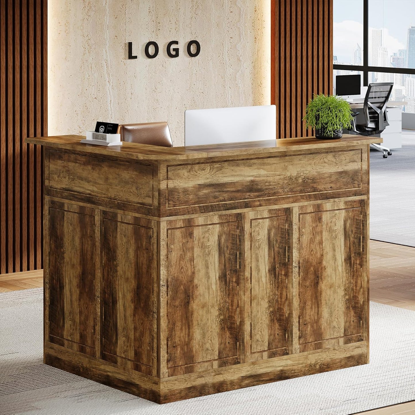 Tribesigns Reception Desk with Storage Shelves, L-Shaped Modern Front Desk, Reception Counter Table for Small Office, Salon, Checkout Office, Black