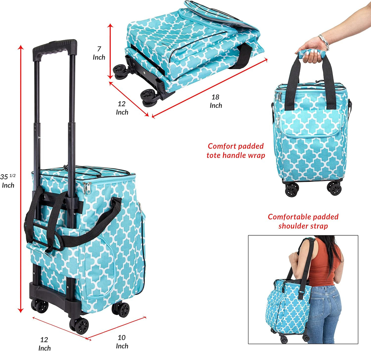 Ultra Compact Cooler Smart Cart with Wheels - Collapsible Insulated Cooler Bag - Foldable Travel Cooler 36 Cans - Leak Proof Trolley - Black