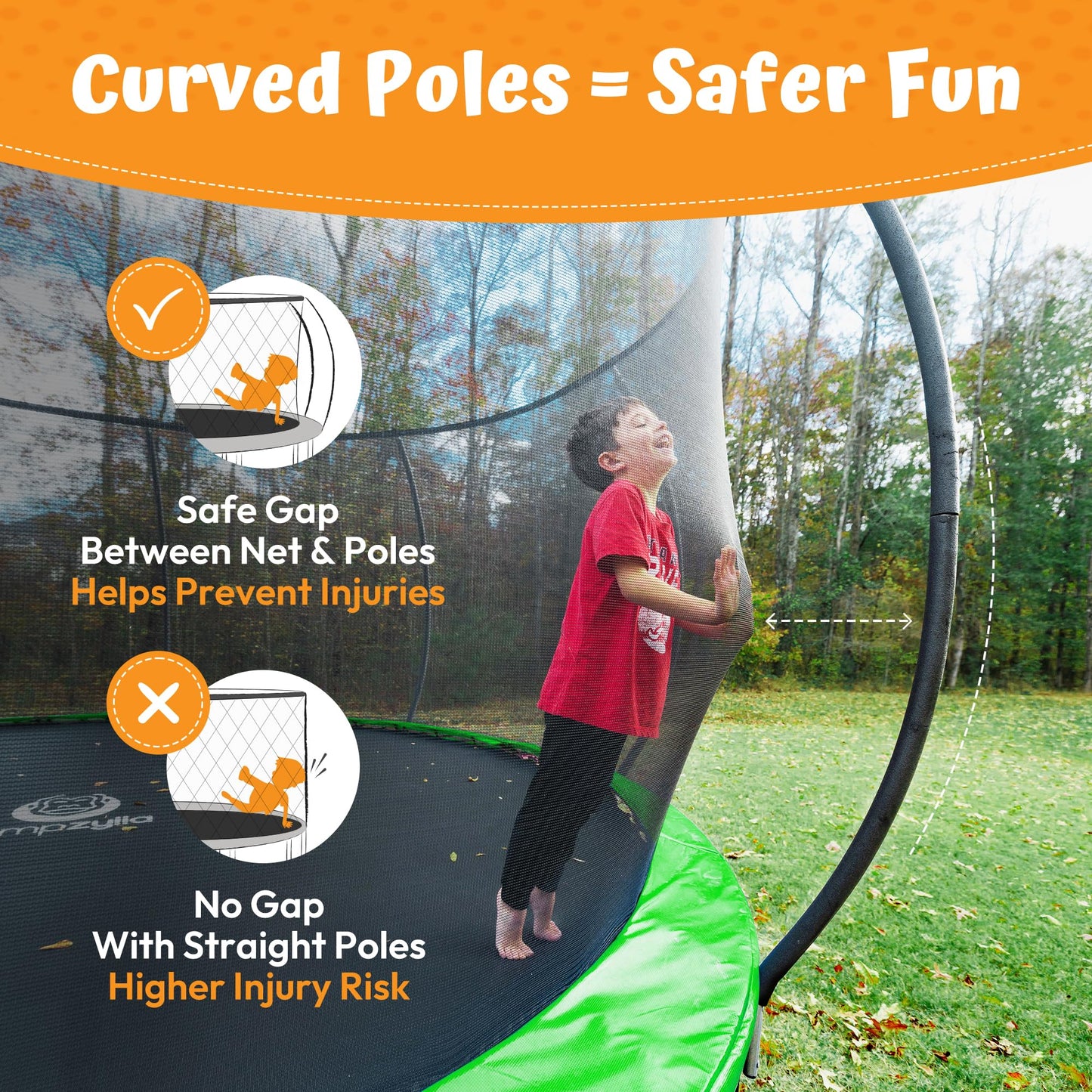 JUMPZYLLA Outdoor Trampoline with Net for Kids 10FT 12FT 14FT 15FT 16FT