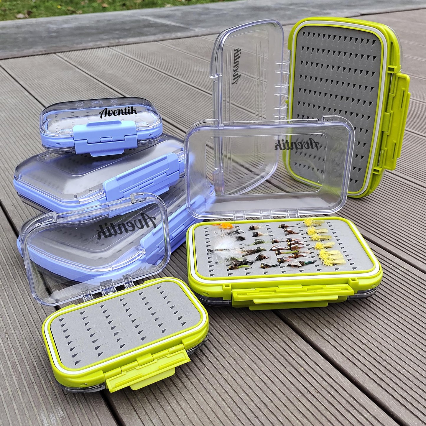 Aventik Fly Fishing Box Jig Box Waterproof Float Lightweight Double Side Large Capacity Easy Grip Clear Lid Fly Fishing Lures Box(H18 Blue, SIZE A:4.24X3.04X1.36inch)