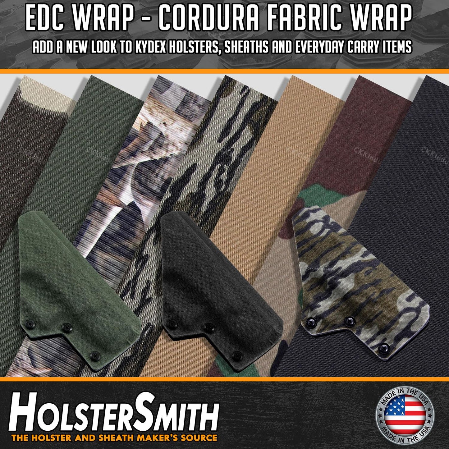 HolsterSmith EDC Wrap – Cordura Fabric Wrap for Kydex Holsters, Sheaths, Headphones, and Other Everyday Carry Items – Cordura (500D) – (Compatible with Multicam Black) – (6in x 12in)