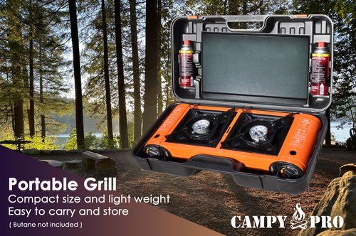 Campy Pro 2-Burner Butane Camping Stove – Portable Outdoor Gas Grill with Carrying Case for BBQ, RV, Picnic, Tailgating, and Camping Cooking