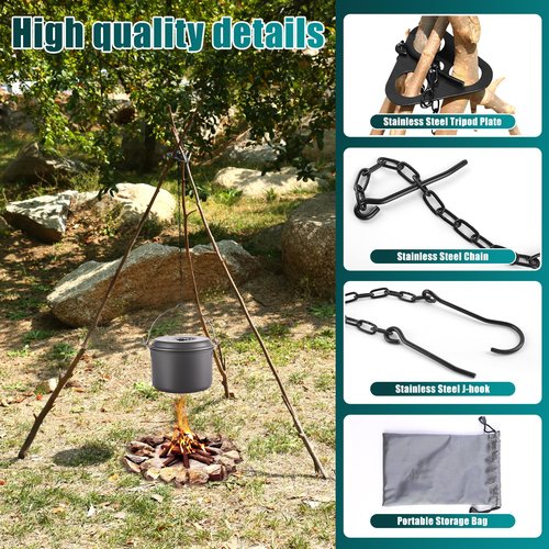 Camping Tripod Board-camping essentials、Turn Branches into Campfire Tripod ，fire pit grill，with Adjustable Chain for Hanging Cookware,Portable Camping Gear