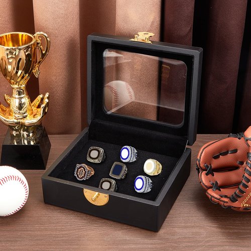 Equsion Championship Ring Display Case Flat Black Ring Display Case Box for Multiple Rings for Single Replica Baseball Softball Football Sports Souvenirs Ring Storage Organizer Wooden Box(7 Slots)