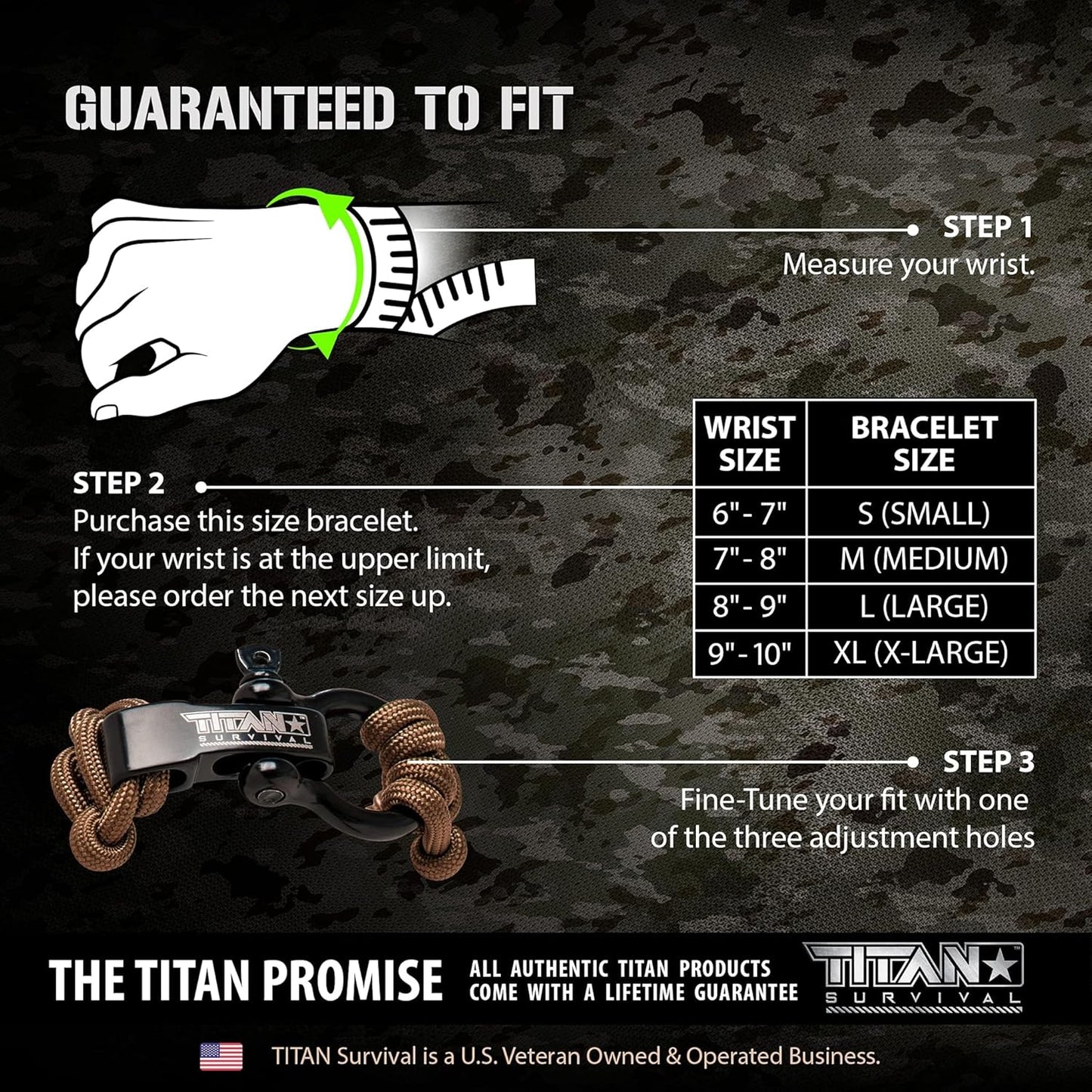 Titan Paracord Survival Bracelet | BLACK | LARGE (Fits 8" - 9" Wrist) | Made with Authentic Patented SurvivorCord (550 paracord, fishing line, snare wire, and waxed jute for fires)