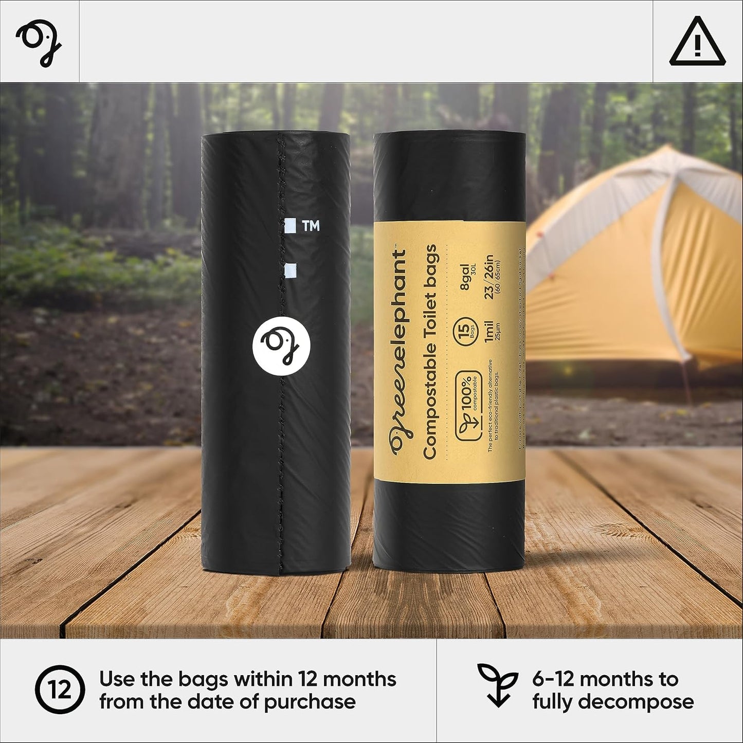 Green Elephant Portable Waste Bags – Camping Potty Liners, Biodegradable Sanitary Bags for 5 Gallon Bucket, Outdoor Use, 15 Count, 8 Gal (1 Pack)