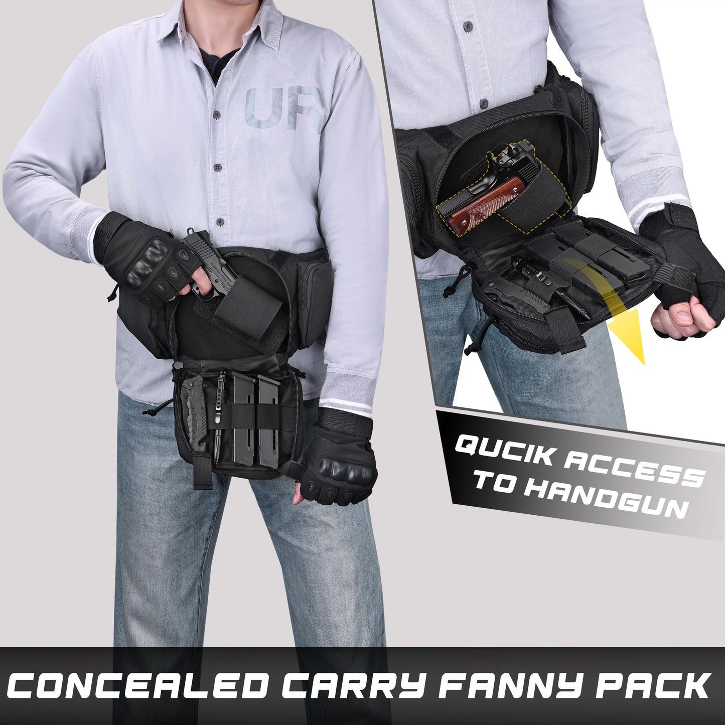 JIPIMON Tactical Fanny Pack for Men, 1000D Nylon Heavy Duty Concealed Carry Waist Bag with Universal Pistol Holster