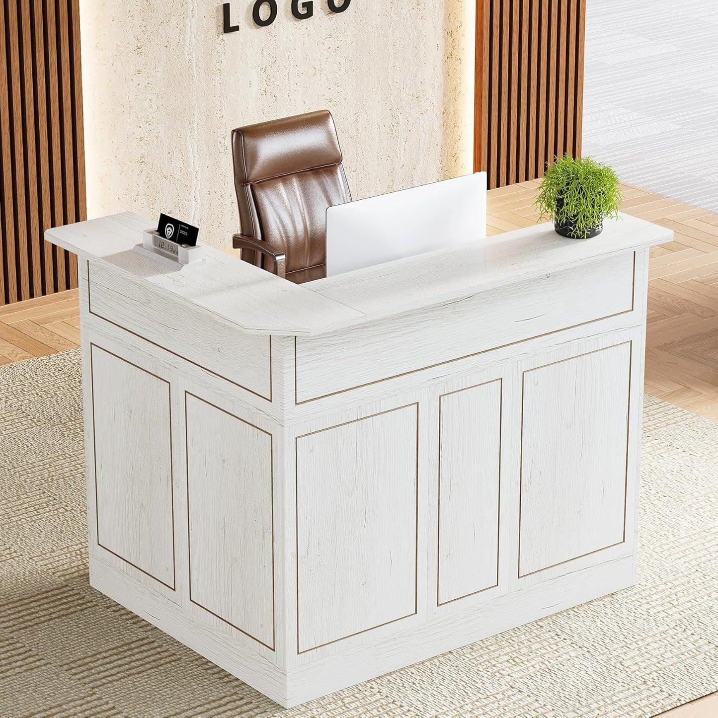 Tribesigns Reception Desk with Storage Shelves, L-Shaped Modern Front Desk, Reception Counter Table for Small Office, Salon, Checkout Office, Black