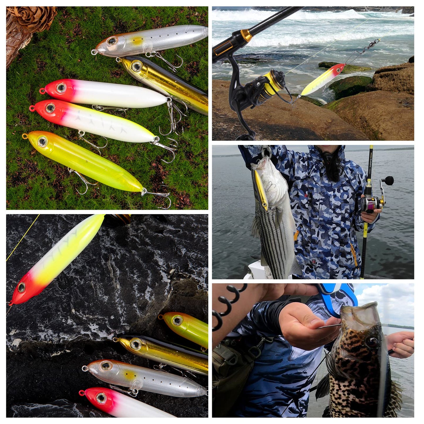 Alwonder Topwater Fishing Lures Kit for Saltwater and Freshwater, Bass Fishing Lures Treble Hooks Hard Baits, Walk-The-Dog Lure Set for Pike, Striper, Speckled Trout