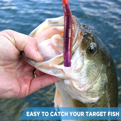PLUSINNO Ned Worms Bass Fishing Lure Kit, 44PCS Ned Rig Worms Kit with Ring Beads, Soft Plastic Fishing Baits with Ned Rig Jig Heads, Widely for Panfish, Perch, Trout, Pike, Fishing Gifts for Men