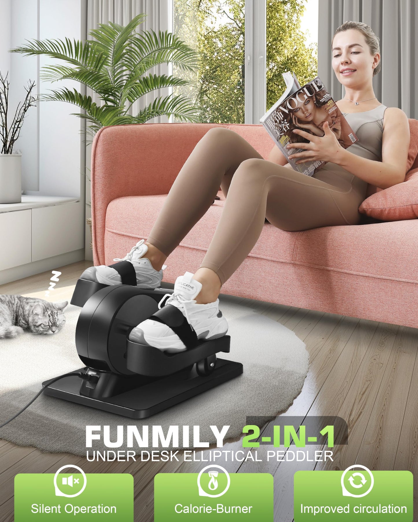 FUNMILY Under Desk Elliptical Machine with Large LCD Display, Remote Control & Non-Slip Foot Straps – Quiet Magnetic Resistance, 100% Pre-Assembled – Ideal for Seniors, Adults & All Ages (Black)